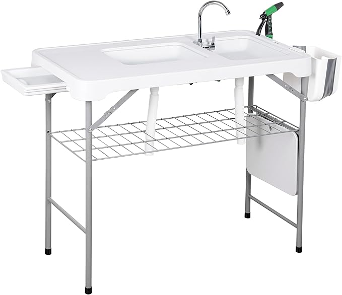 Allpop Fish Cleaning Table with 2 Sinks, 42.5'' Portable Folding Camping Fish Station with Foldable Faucet, Drainage Hose, Sprayer, Grid Rack, Storage Box, Drawer & Grooves for Picnic, White