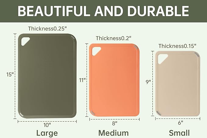 THETCHRY Plastic Cutting Board Set, Cutting Boards for Kitchen BPA Free, Large-Small Chopping Boards Set of 3 Non-Slip for Cooking Camping Dishwasher Safe, Reversible, with Grip Handle, 15"×10"×0.6"