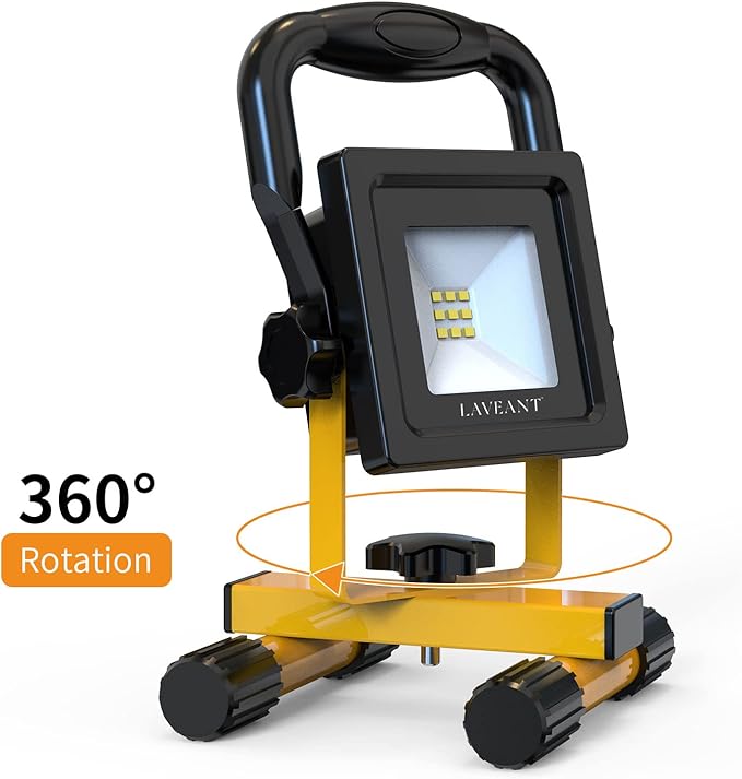 Rechargeable LED Work Lights,10W 2200mAh,600Lumens Portable Tiltable Waterproof Flood Lights with Stand, Men Tools for Outdoor Garage Emergency(10W Yellow)