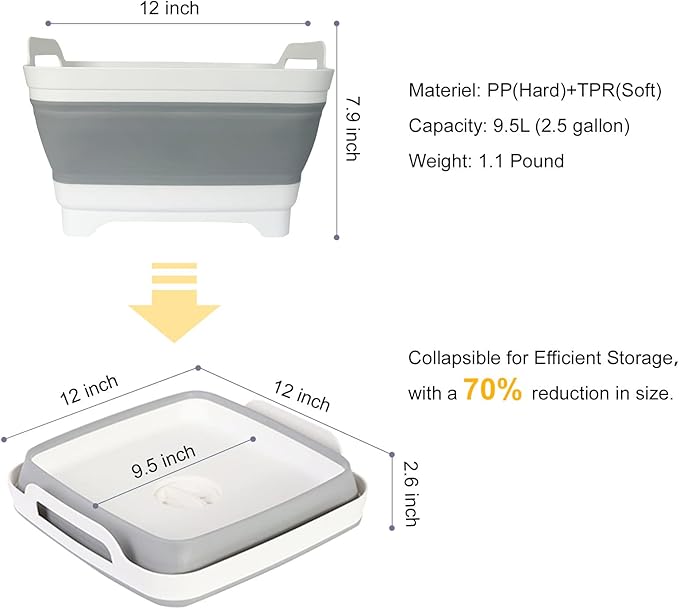 Collapsible Dish Basin & Sink Tub with Drain Plug – 2.4 Gal Baby Bottle Wash Basin, Bottle Washing Bin for RV, Camping, Kitchen | Collapsible Water & Bottle Basin (Grey)