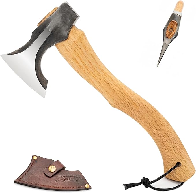 Bushcraft Camping Hatchet, 14.7 in Hand Forged Splitting Axe for Outdoor Wood Splitting Chopping & Carving Tool with Leather Sheath