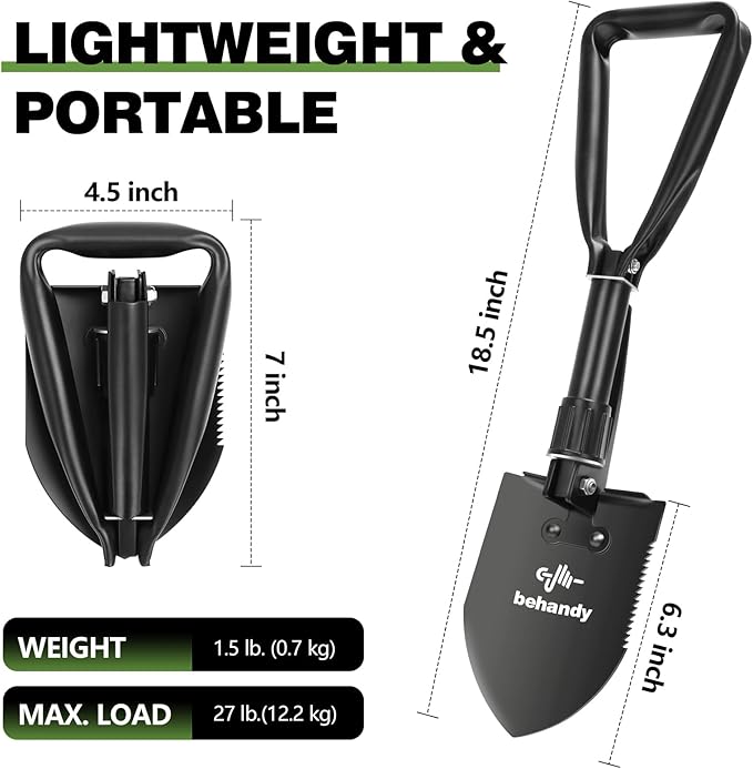 18.5" Folding Shovel, Collapsible Shovel for Car Snow, Camping Shovel and Pickax, Military Entrenching Tool for Gardening, Camping, Sand, Off Road, Portable Car Emergency kit