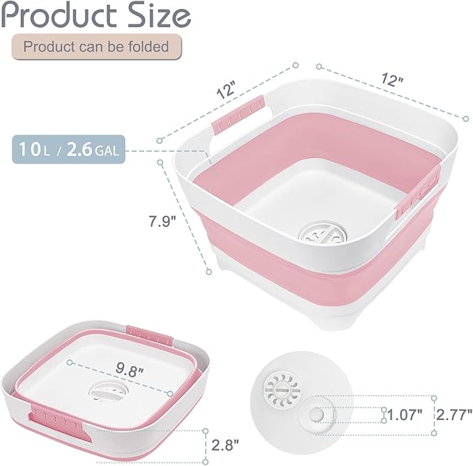 Collapsible Dish Basin with Drain Plug, 2.4 Gal 9L Foldable Wash Basin, Portable Sink Tub for Kitchen, Baby Bottles, Camping, RV, Vegetable Washing and Beverage Tub, Pink