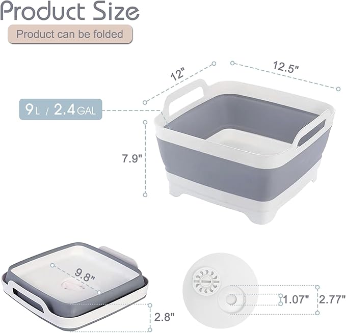 2.4 Gal(9L) Collapsible Dish Basin with Drain Plug, Space Saving Outdoor Multiuse Foldable Sink Tub, Dishpan, Kitchen Storage Tray for Camping, Vegetable Washing, RV (Gray)