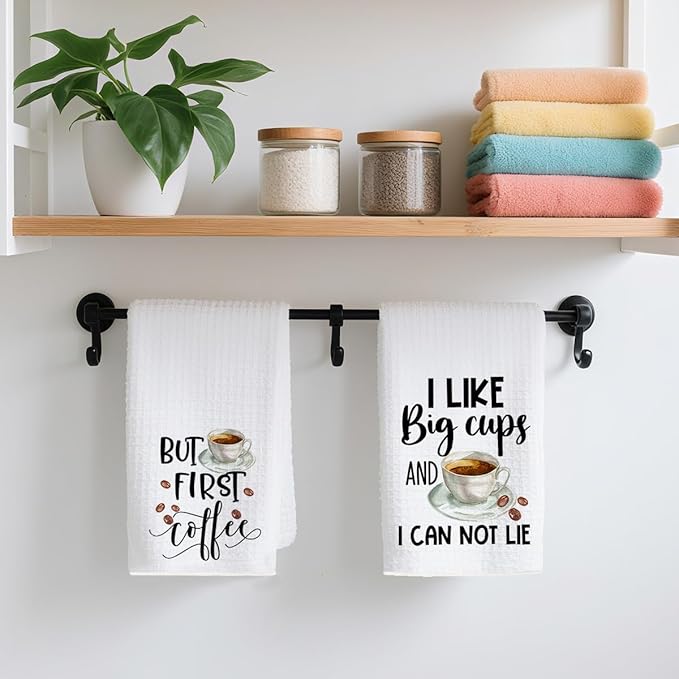 2PCS Coffee Kitchen Towels, Funny Farmhouse Rustic Reusable Absorbent Waffle Weave Dish Tea Towels for Cleaning Cooking Baking, Microfiber Kitchen Towel for Coffee Bar Decor Housewarming Gift