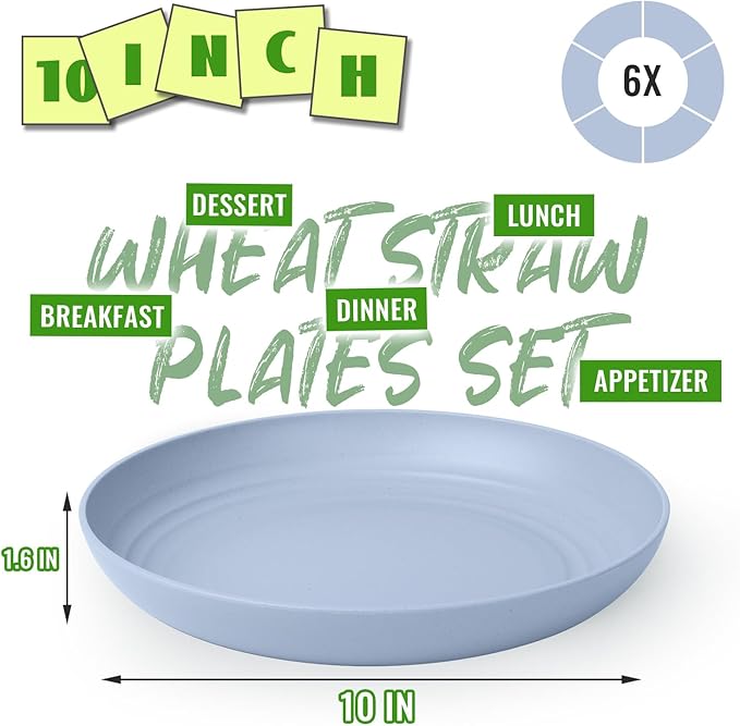 Deep Plates 10 Inch Set of 6, Unbreakable Lightweight Plastic Plates, Microwave Safe Dishwasher Safe Wheat Straw Plate Set for Family, Travel, Light Blue