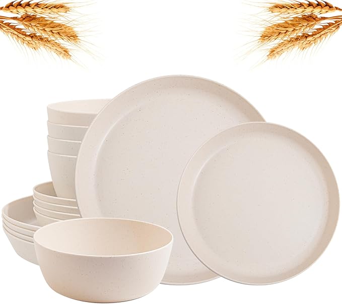 EI 12pcs Wheat Straw Dinnerware Set of 4,Reusable Plastic Plates,Unbreakable Dinner Plates,Deep Dinner Hard Premium Plastic Plate,Microwave Dishwasher Safe for Camping,Picninc,Family Dinner