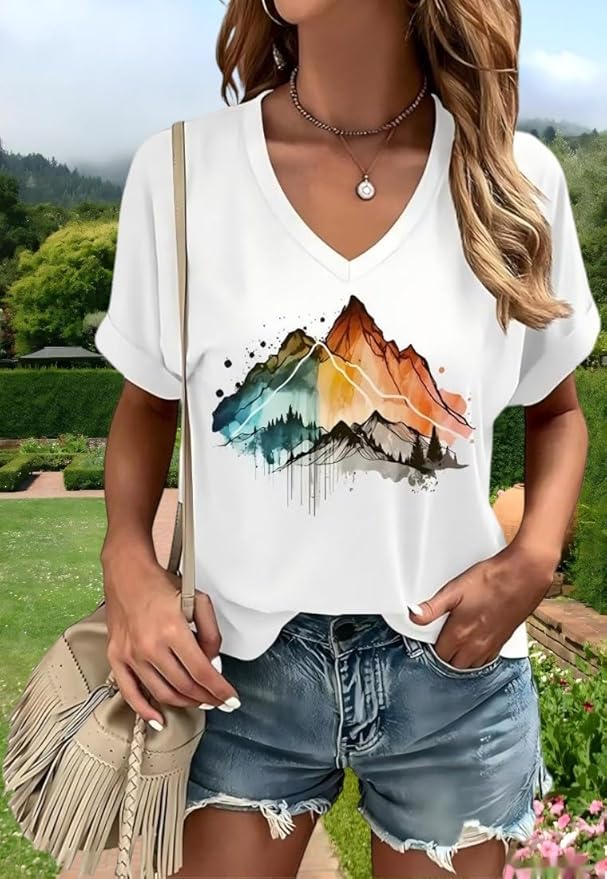 Graphic V Neck Shirt for Women Boho Floral Wildflowers Tee Casual Cottagecore Summer T-Shirt Blouse