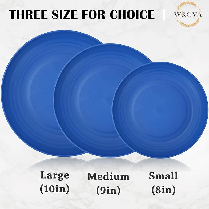 Wrova Wheat Straw Salad Plates - 9 Inch Unbreakable Dinner Plates Set of 8 - Dishwasher & Microwave Safe Plastic Plates Reusable - Lightweight Plates for kitchen,camping (Ocean)