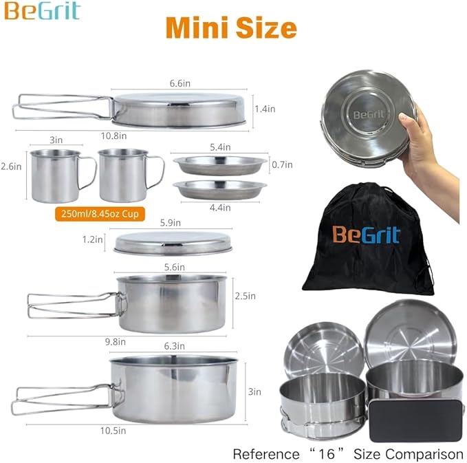 BeGrit Backpacking Camping Cookware Mini Picnic Camping Cooking Mess Kit with Pot and Pan Set for Hiking