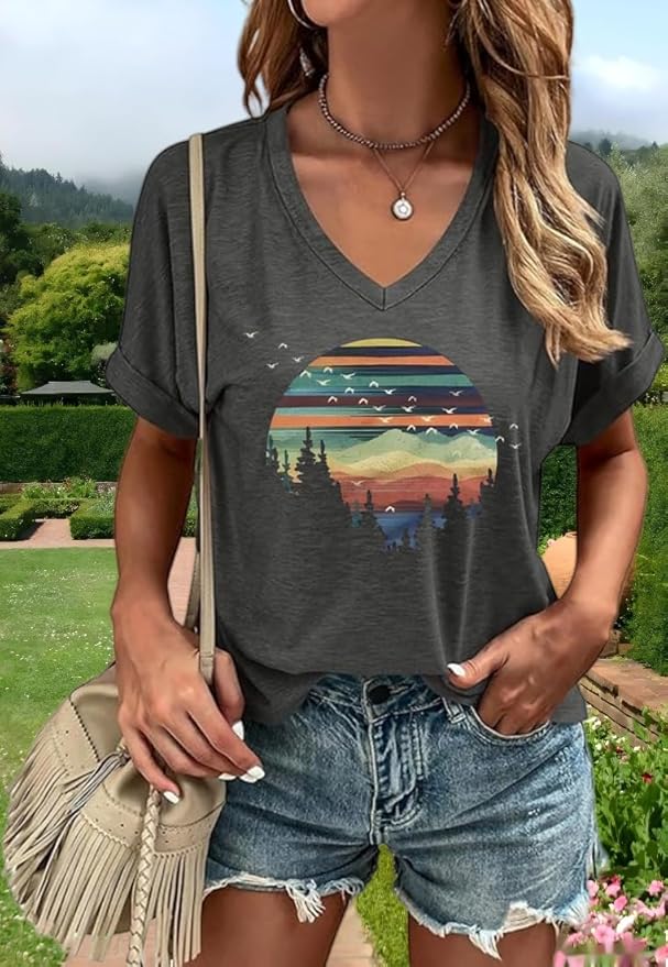 Graphic V Neck Shirt for Women Boho Floral Wildflowers Tee Casual Cottagecore Summer T-Shirt Blouse