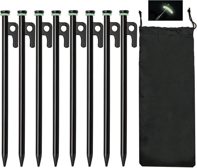 Heavy Duty Forged Steel Tent Stakes - 8Pcs 10in + Storage Pouch, Ideal for Rocks, Grassland, Desert, Stormy Weather
