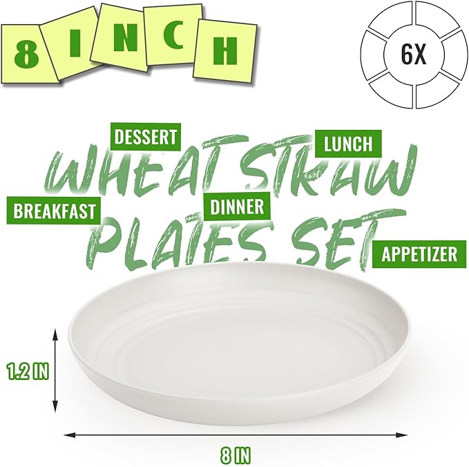 Wheat Straw Dinner Plates 8 Inch Set of 6, Unbreakable Reusable Plastic Plates, Microwave and Dishwasher Safe Small Deep Plates for Appetizer, Kids, Breakfast, Camping, White