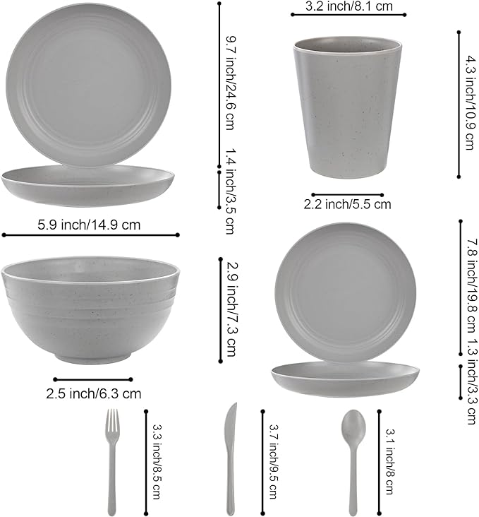LIYH 28 Pcs Kitchen Plates and Bowls Set, Wheat Straw Dinnerware Sets, Unbreakable Plates and Bowls Sets for 4, Reusable Plate Wheat Straw Dishes Set for Daily & Camping, Light Grey Kitchen Decor
