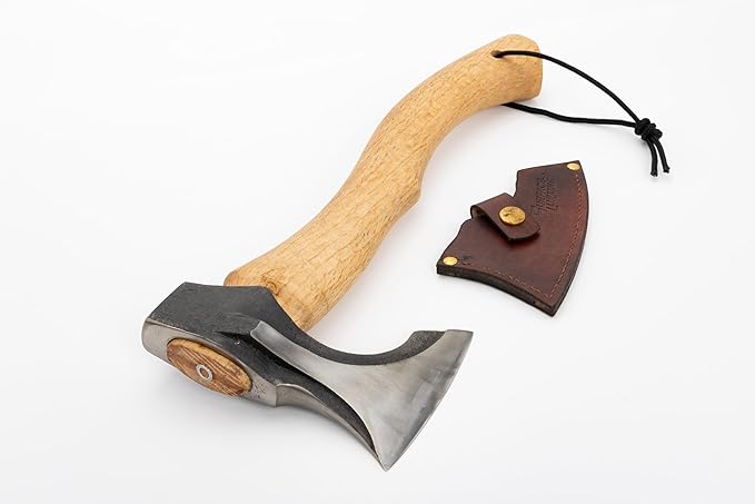 Bushcraft Camping Hatchet, 14.7 in Hand Forged Splitting Axe for Outdoor Wood Splitting Chopping & Carving Tool with Leather Sheath