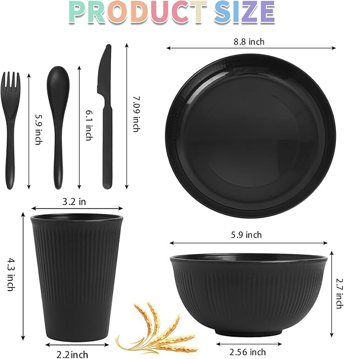 36 Pcs Wheat Straw Dinnerware Set,Dinnerware Sets for 6,Large Round Plates, Bowls and Cups, Unbreakable dish set, Dishwasher and Microwave Safe, Outdoor Camping Dishes (Black)