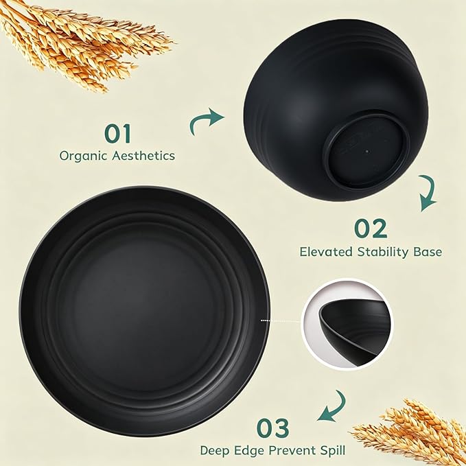 PYRMONT Dinnerware Set Wheat Straw Bowls and Plates Set Unbreakable Kitchen Dishes Service for 4 Microwave & Dishwasher Safe Plastic Dish Set for Camping,RV,Picnic-Black