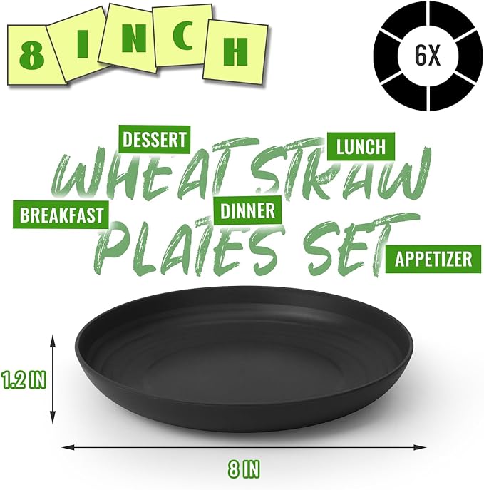 Unbreakable 8 Inch Dinner Plates Set of 6, Wheat Straw Dessert Plates, Lightweight Reusable Plastic Plates, Microwave & Dishwasher Safe for Party, Picnic, Family, Black