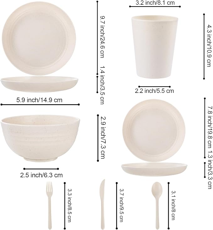 LIYH 28 Pcs Beige Wheat Straw Dinnerware Plates and Bowls Sets, Plastic Plates Reusable, Dinnerware Set for 4, Dish Set for Kitchen & Camping