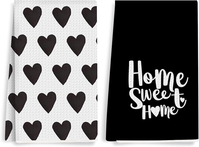2PCS Cute Heart Love Home Sweet Home Valentine's Kitchen Towels, Valentines Day Decor for Couples, Reusable Absorbent Waffle Weave Dish Tea Towels for Cleaning Cooking, Microfiber Kitchen Towel