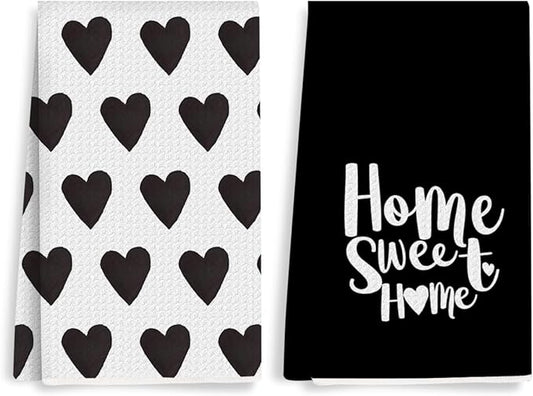 2PCS Cute Heart Love Home Sweet Home Valentine's Kitchen Towels, Valentines Day Decor for Couples, Reusable Absorbent Waffle Weave Dish Tea Towels for Cleaning Cooking, Microfiber Kitchen Towel