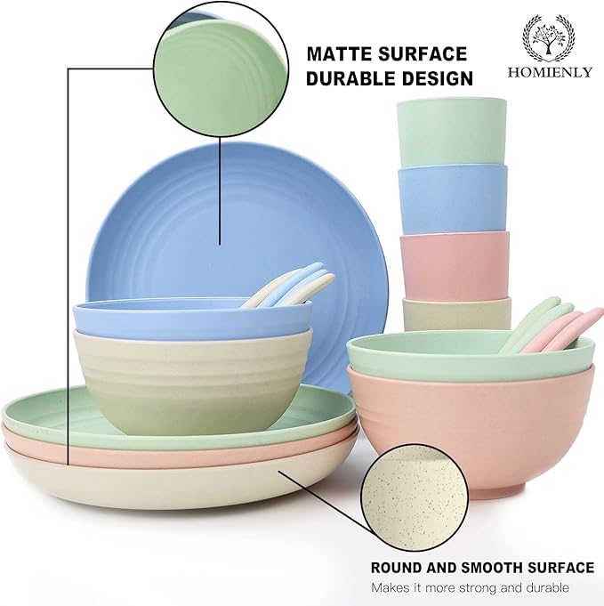 Homienly Wheat Straw Dinnerware Sets 20 PCS Cups and Plates Sets for Kitchen Microwave and Dishwasher Safe Plate Set Unbreakable Camping Dish Set Kids Plates and Bowls Sets for Picnic, RV (Multilight)