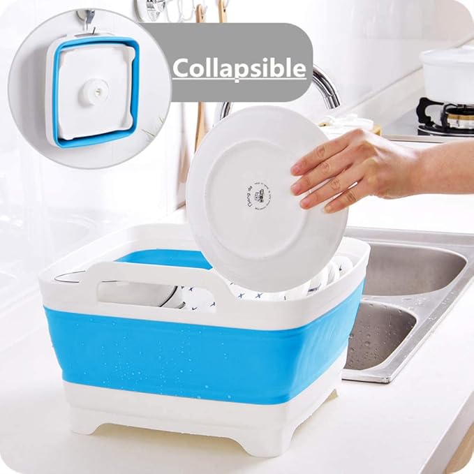 FOSJGO Dish Basin Collapsible with Drain Plug Carry Handles for 9 L Capacity, Collapsible Sink Tub, Dish Wash Basin, Portable Dish Tub, Foldable Dishpan for Camping Dish Washing Tub and RV Sink