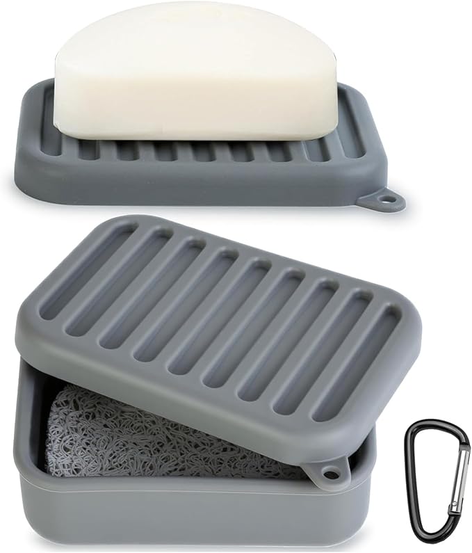 Silicone Travel Soap Case, Leak-Proof Bar Soap Container with Drain Tray, Portable Travel Soap Dish with Lid for Hiking, Gym, Camping, and Portable Toiletries Accessories (Grey)