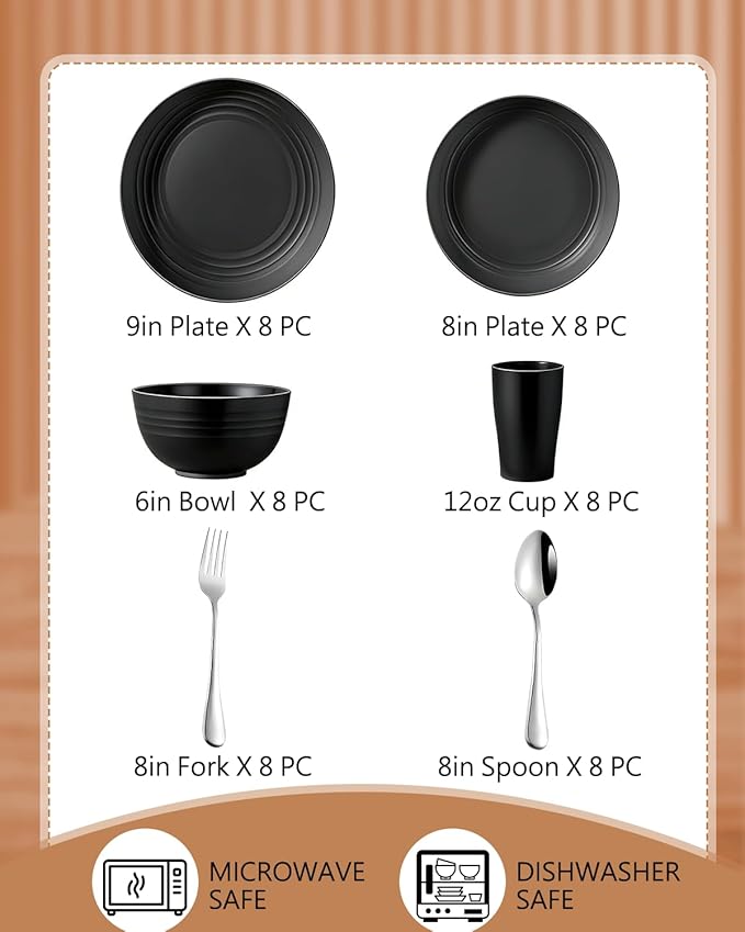 48 Piece Plates and Bowls Sets for 8- Unbreakable Wheat Straw Dinnerware Sets Includes Stainless Steel Forks for Picnic Camping Outdoor Kitchen and Apartment Dinning RV Essentials-Black