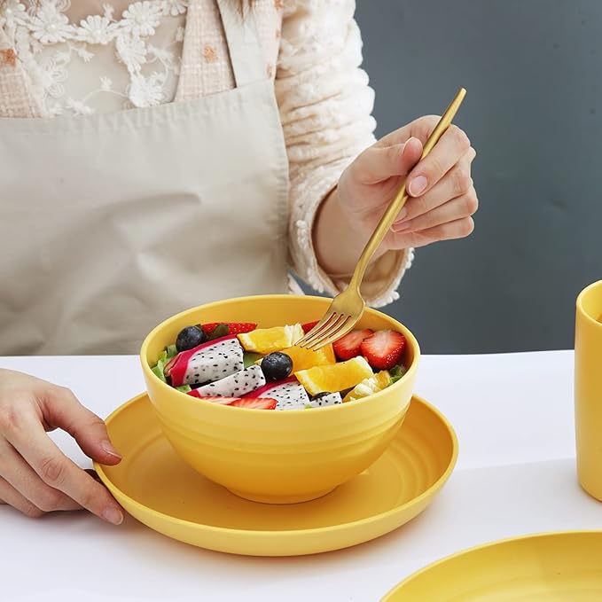 Kyraton Plastic Dinnerware Set of 16 Pieces, Unbreakable And Reusable Light Weight Plates Mugs Bowls Dishes Easy to Carry And Clean Microwave Safe BPA Free Dishwasher Safe Service For 4 (Gold Yellow)
