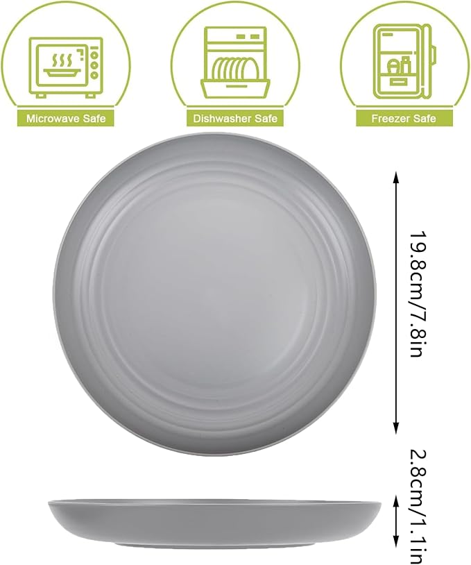 Wheat Straw Plates, Unbreakable Dinner Plates Set of 4, 8 Inch Plastic Plates Reusable, Dishwasher & Microwave Safe, Lightweight Salad Plates for Camping/Kitchen (Gray)