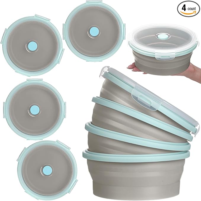 Suclain 4 Pcs Collapsible Bowls with Lids Silicone Camping Food Storage Container Expandable Folding Salad Lunch Box Travel Container for Hiking Camping