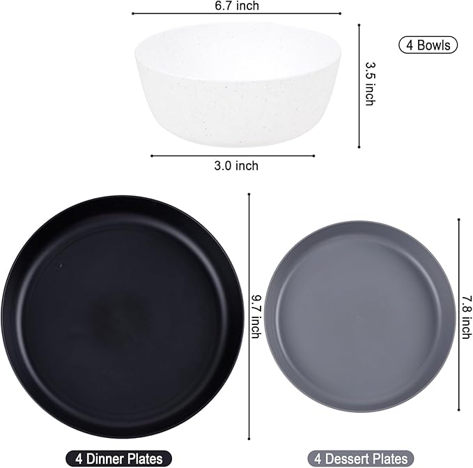 EI 12pcs Wheat Straw Plates,Wheat Straw Dinnerware Set,Plate and Bowls Sets,Plastic Plates Reusable-White,Black,Grey,Dark Grey,Dinner Plate Set of 4 Kitchen,Picnic
