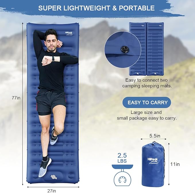 HiiPeak Sleeping Pad for Camping- Ultralight Inflatable Sleeping Mat with Built-in Foot Pump & Pillow, Upgraded Compact Camping Air Mattress for Camping, Backpacking, Hiking (CM07 Blue)