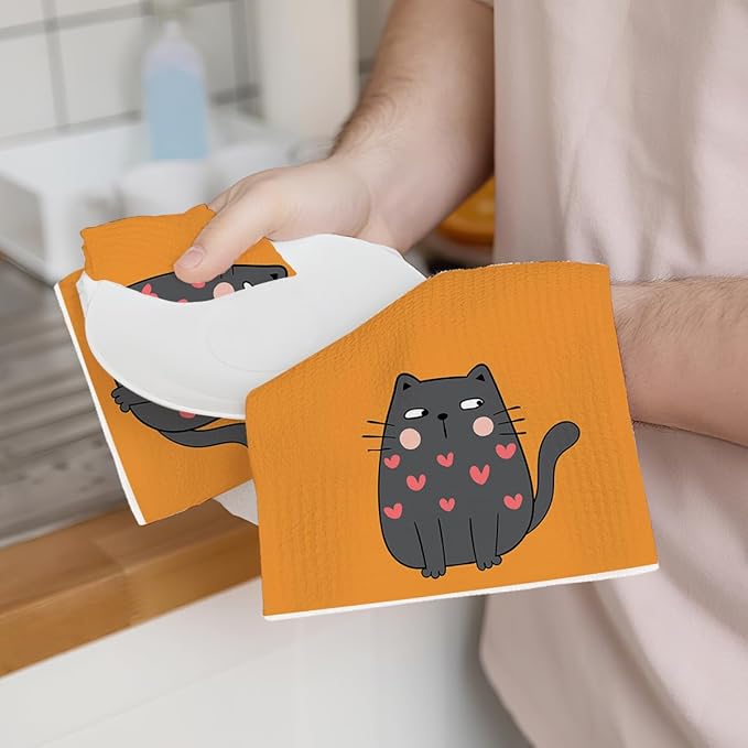 2PCS Cute Cat Kitchen Towels, Cat Themed Gifts Reusable Absorbent Waffle Weave Dish Tea Towels for Cleaning Cooking Baking, Cats Lovers Gifts for Women Microfiber Kitchen Towel, Housewarming Gift