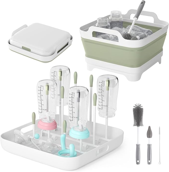 Volnamal Collapsible Wash Basin for Baby Bottles - Portable 2.4 Gallon Dish Basin with Drying Rack & Lid, Foldable RV Sink Tub for Camping, Sturdy Wash Tub for Kitchen, Camping, Outdoor Use (Green)