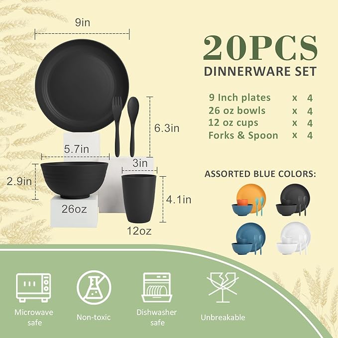 Wrova Wheat Straw Dinnerware Sets of 20,Alternative to Melamine dinnerware sets with Flatwares Dishwasher Safe,Lightweight and Unbreakable Camping Dishes for R.V.(Black)