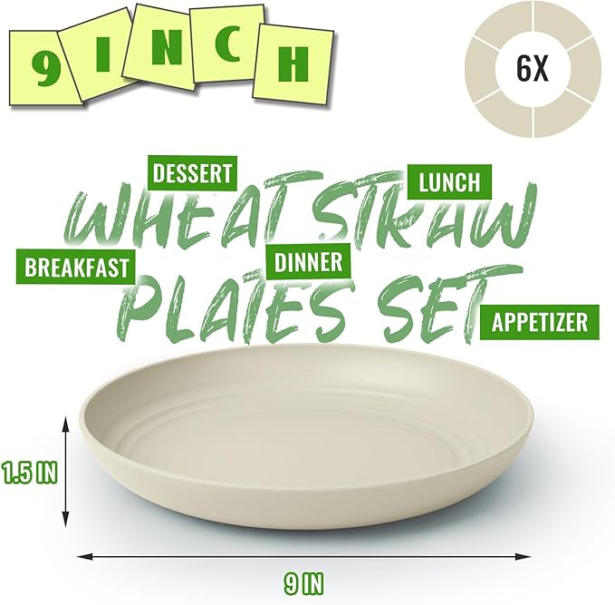 9 Inch Wheat Straw Plates 6 Piece Set, Unbreakable Deep Dish Plates, BPA-Free Reusable Plastic Plate for Kids, Microwave and Dishwasher Safe Plate Set for Family, Camping, LightGrey