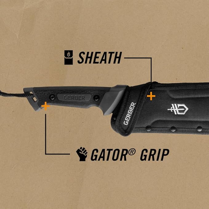 Gerber Gear Gator Bolo Machete 22" / 15.5" for Camping, Hunting, and Gardening, Full Tang Knife with Plain Edge, Gator Grip and Protective Sheath with Belt Loop and D-ring Attachments, Stainless Steel