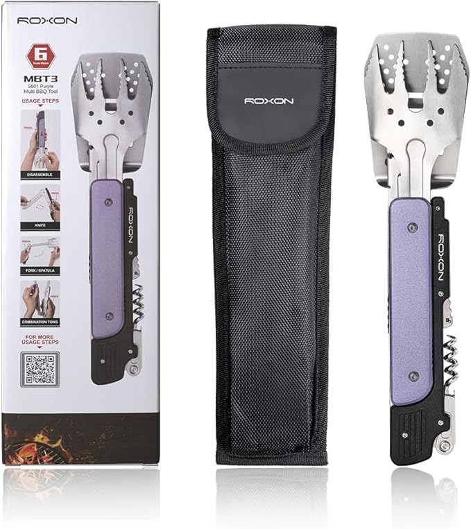 ROXON S601 14" 6 in 1 MBT3 Folding Grill Utensils Set Fork Spatula Grilling Knife Tongs Opener for Backyard Barbecue and Camping (Purple)