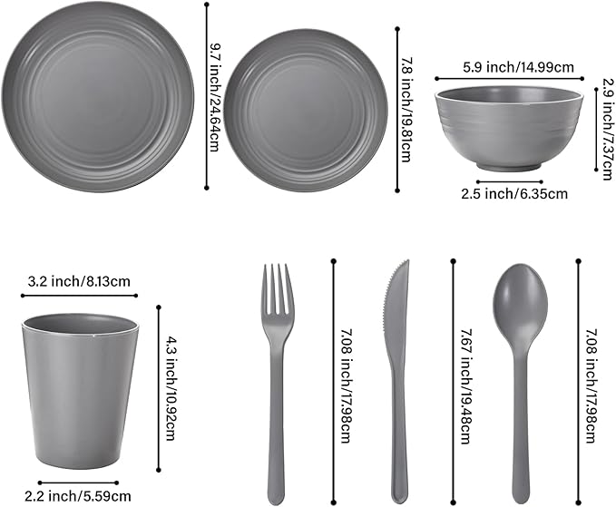LIYH 28 Pcs Dark Grey Plates and Bowls Dinnerware Sets, Dish Set for 4, Unbreakable Reusable Plate, Wheat Straw Plates and Bowls Apply to Kitchen & Camping