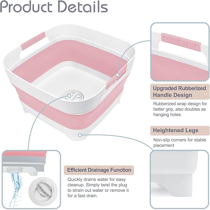 Collapsible Dish Basin with Drain Plug, 2.4 Gal 9L Foldable Wash Basin, Portable Sink Tub for Kitchen, Baby Bottles, Camping, RV, Vegetable Washing and Beverage Tub, Pink