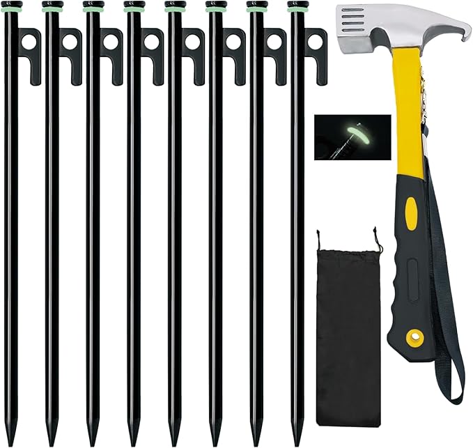 8 Pack Tent Stakes with Hammer, 16in Heavy Duty Tent Stakes + 12in Camping Hammer+Storage Pouch, Forged Steel Stakes for Camping Used on Rocks(8Pcs 16in Stakes and Hammer)