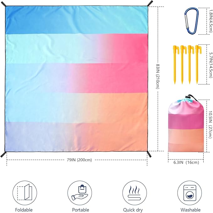 WIWIGO Beach Blanket Waterproof Sandproof Beach Mat 79" X 83"/10'x9'for 2-8 Adults Quick Drying Outdoor Picnic Mat Beach Accessories for Travel, Camping, Hiking