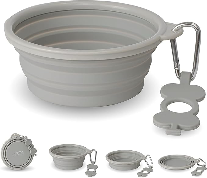Bonza Collapsible Dog Bowls - Small 12 oz, Dog Travel Accessories, Silicone Portable Dogs Bowl & Water Dish with Reinforced Rim & Carabiner for Hiking, Camping, and Car Trips, Light Gray