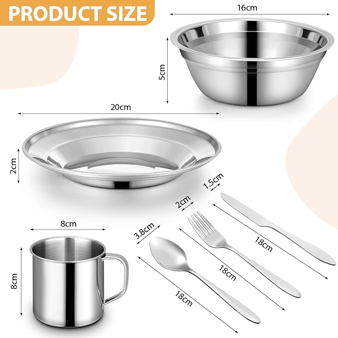58 Pcs Camping Plates Cups and Bowls Set, Stainless Steel Dishes Mess Kit Utensils Tableware with Spoons Forks Knives Storage Bags for 8 Person Outdoor Camping Backpacking Hiking Travel Picnic