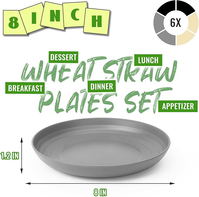 8 Inch Small Plates Set of 6, Wheat Straw Unbreakable Deep Plates, Reusable Plastic Plate for Appetizer, Microwave Dishwasher Safe Salad Plate, Ideal for Family, Camping, RV, Grey Stone