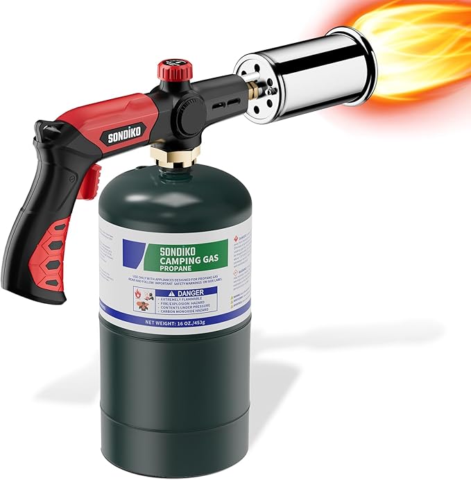 Sondiko Powerful Grill & Cooking Propane Torch L8010, Sous Vide, Campfire Starter, Adjustable Wood Torch Burner for Searing Steak, BBQ, Welding(Red & Black) Propane Tank Not Included