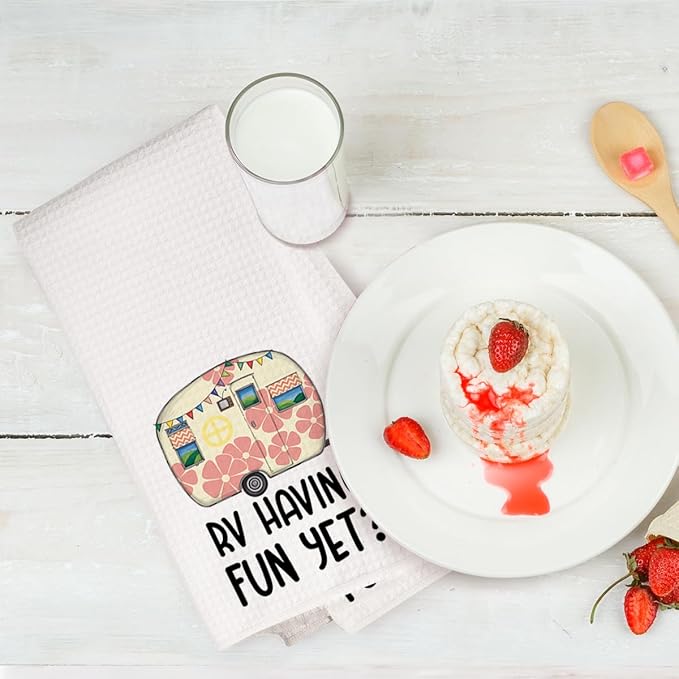 2Pcs Camper Kitchen Towel, Camping Gift, Camp Kitchen, RV Decor, Vintage Trailer Camper Decor, Motor Home Decoration Towels, Retirement Gift, Waffle Weave Hand Towels for Kitchen Camp