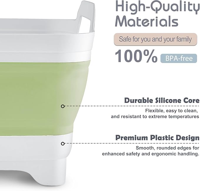 2.4 Gal(9L) Collapsible Dish Basin with Drain Plug, Space Saving Outdoor Multiuse Foldable Sink Tub, Dishpan, Kitchen Storage Tray for Camping, Vegetable Washing, RV (Green)